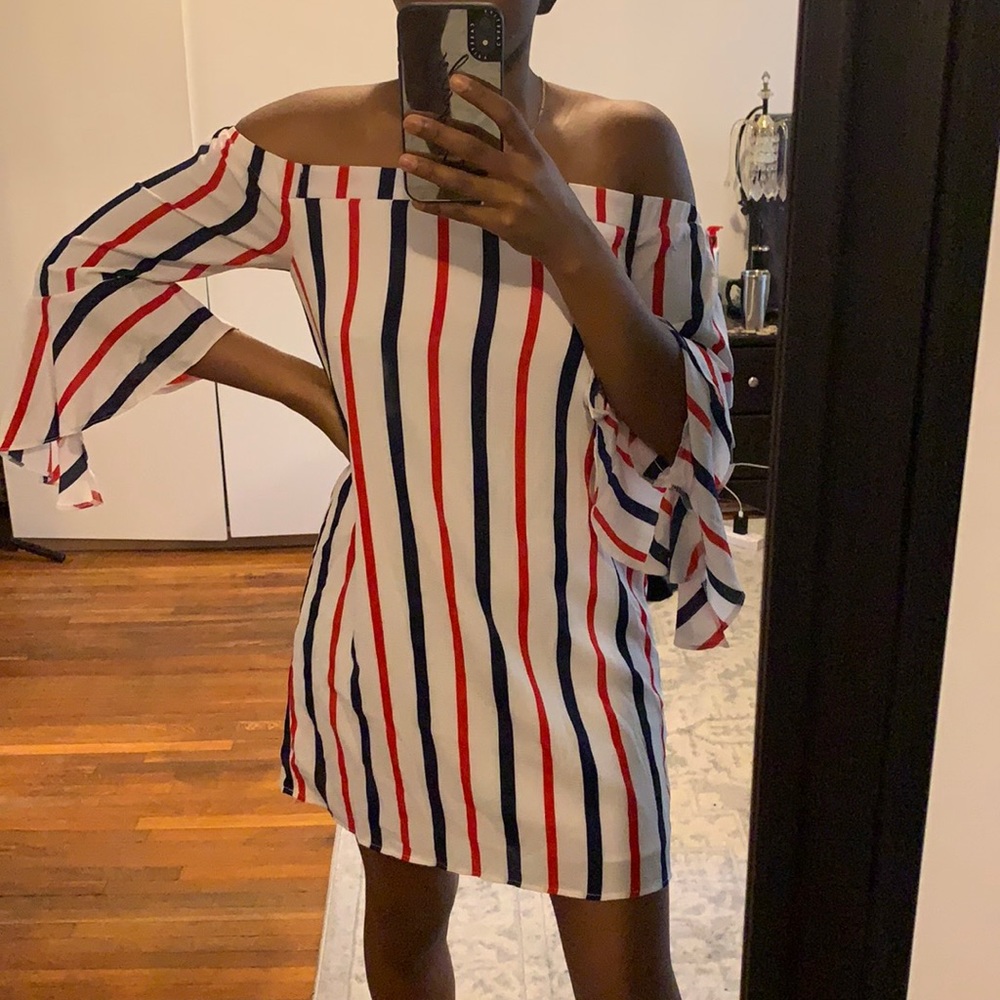 MISSGUIDED White Striped Bardot Dress